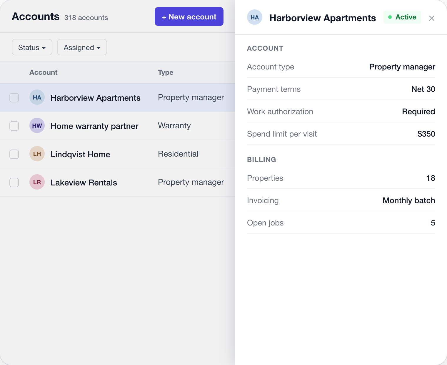 Warranty partner and property manager accounts with net terms and spend limits