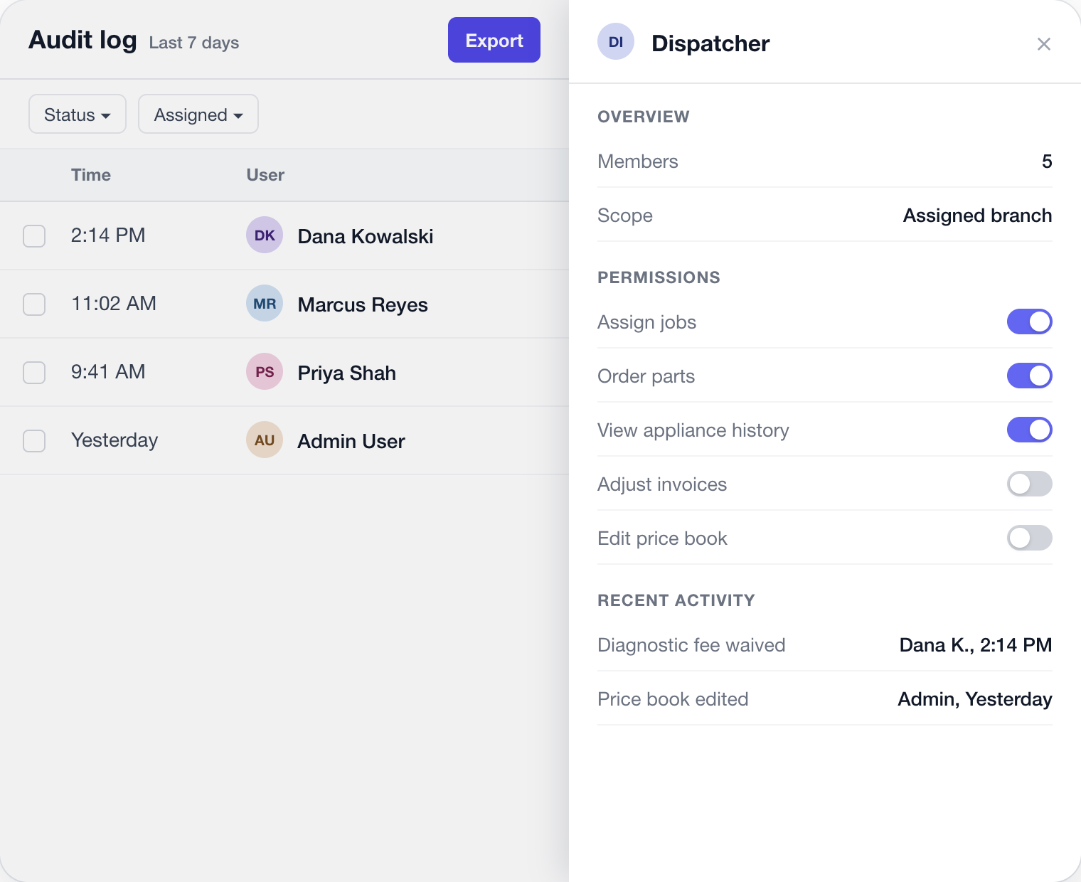 Role-based permissions and an audit trail of price book, fee waiver and invoice changes