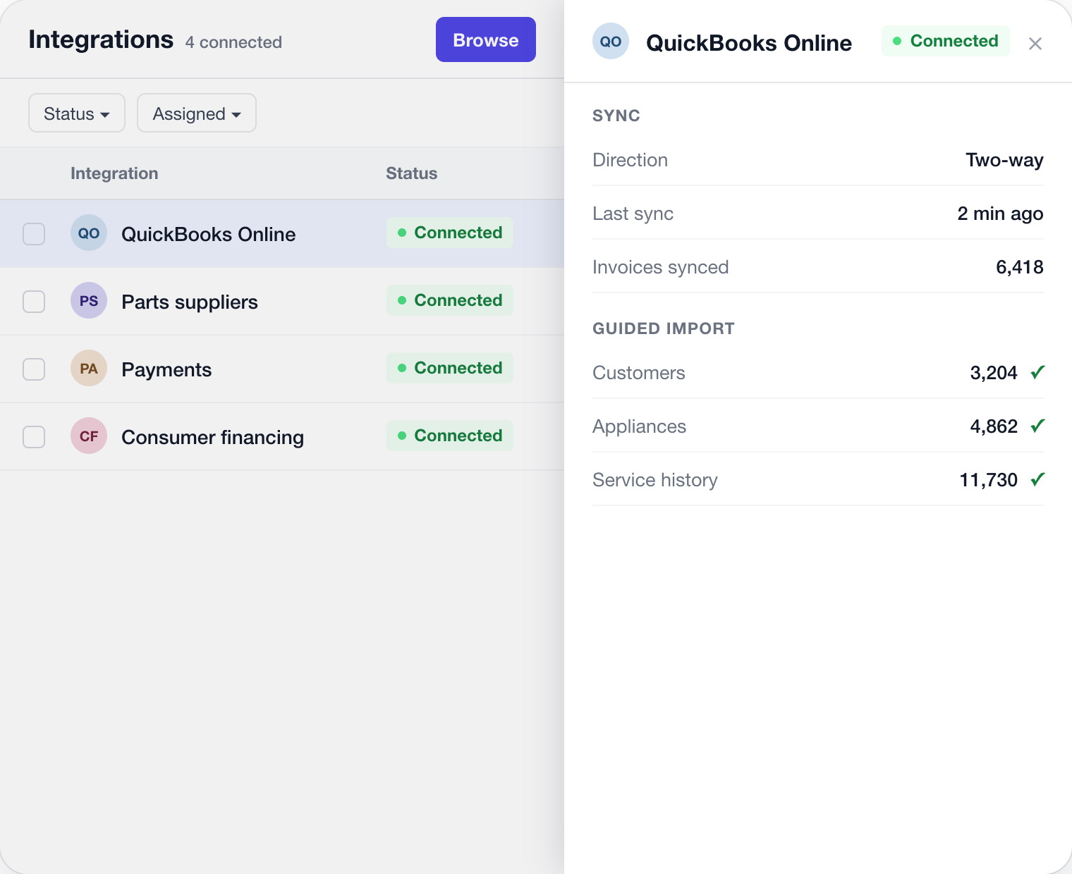 Guided import with QuickBooks, parts supplier, payment and financing integrations