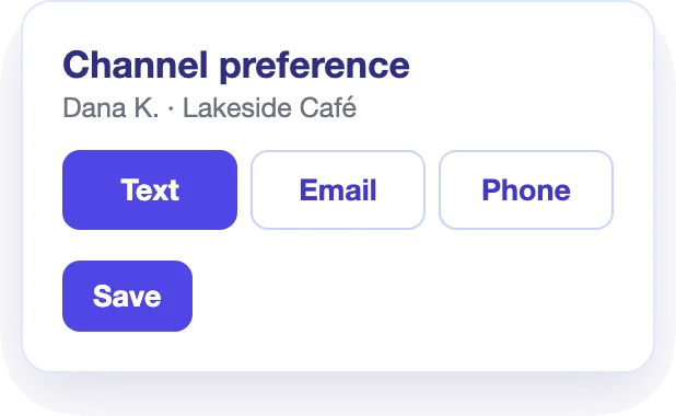 Contact channel preference selector with text, email and phone options