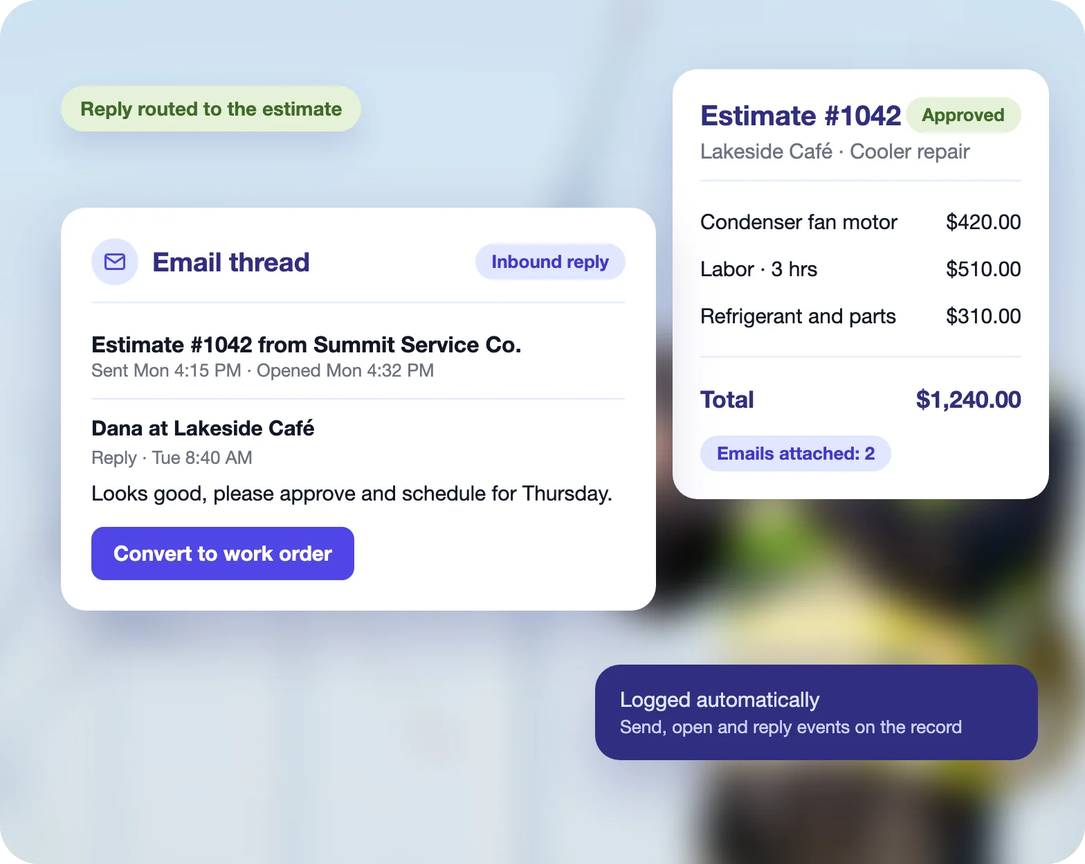 Estimate email logged to the account, with the customer reply routed back to the estimate record