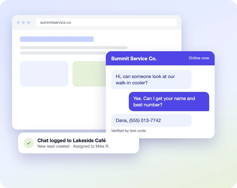 Website chat conversation logged to the customer record alongside texts, emails and calls