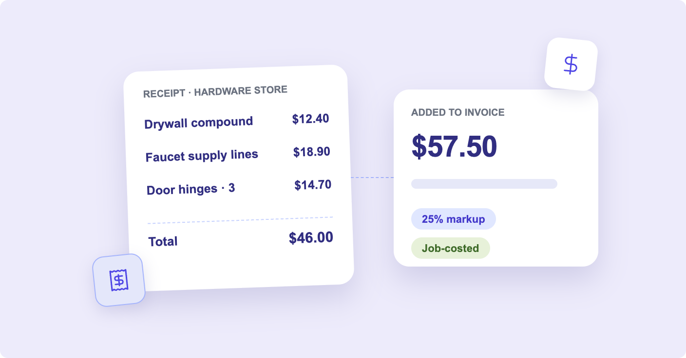 Material receipts photographed in the field with automatic markup