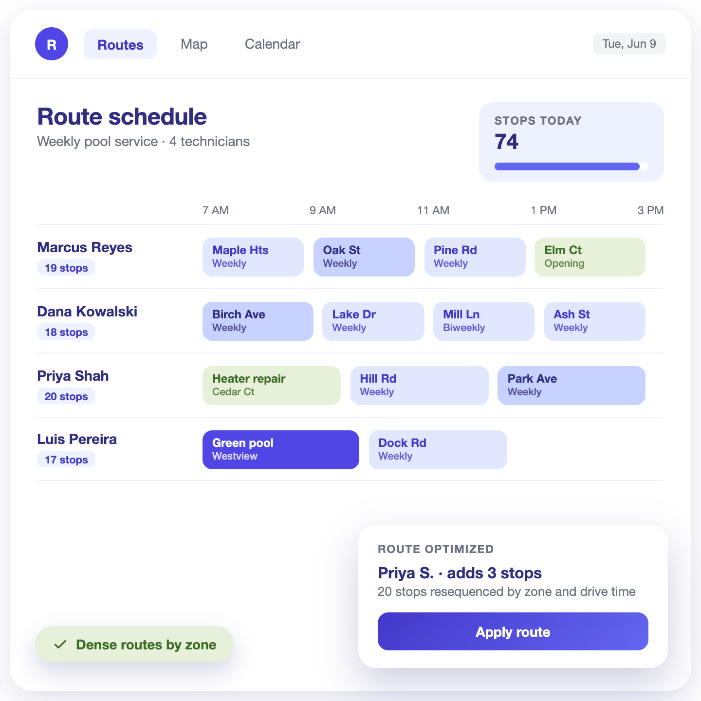 Weekly route with stops sequenced by zone and drive time and openings, repairs and cleanups added