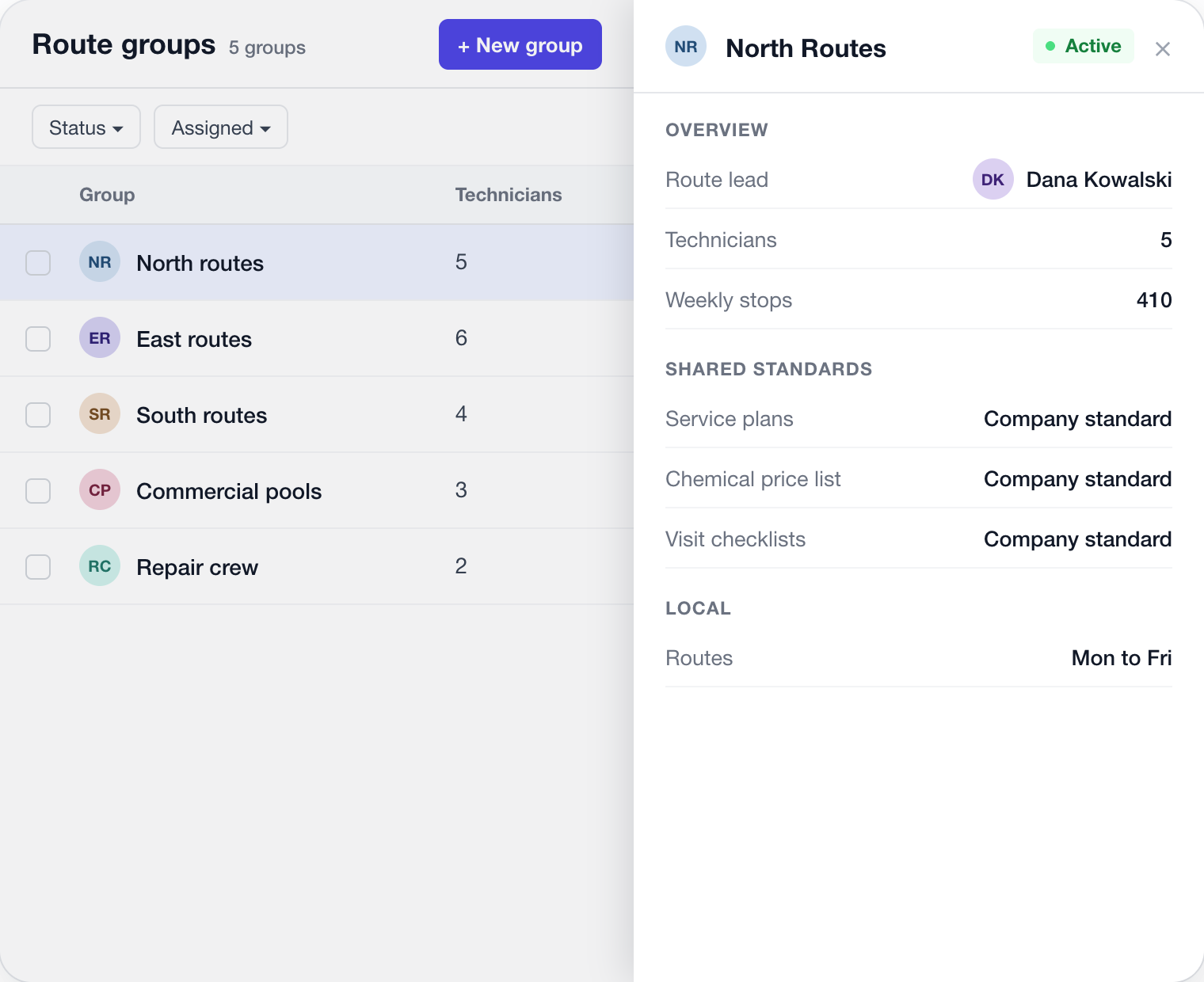 Route groups sharing service plans, chemical price lists and checklists with a comparison view
