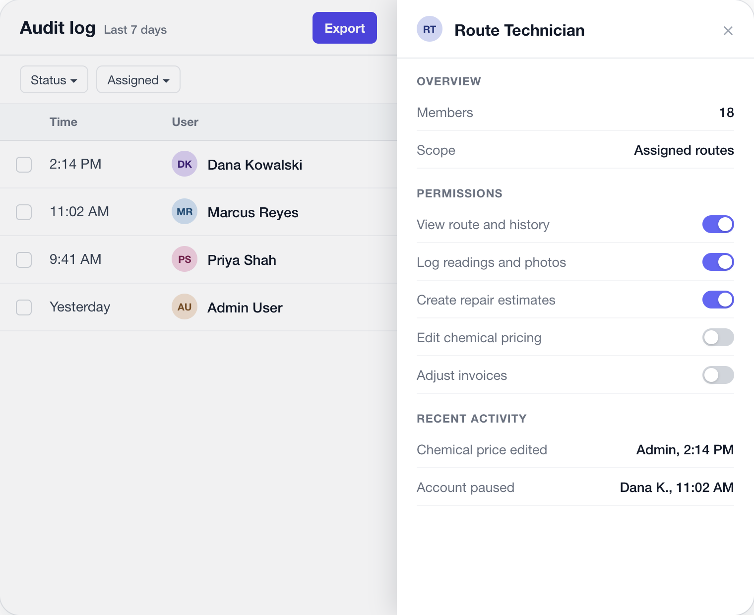 Role-based permissions and an audit trail of price, account pause and invoice changes