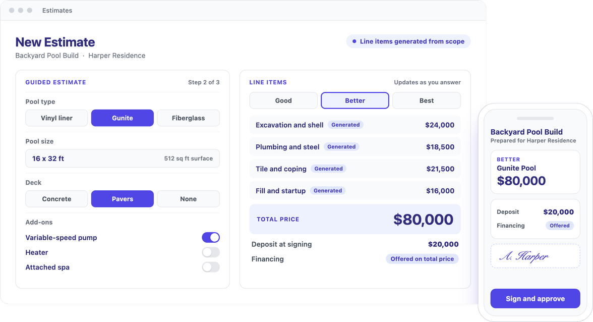 Ritmas guided estimate with good, better, and best line items, a total price, a deposit, financing, and an electronic signature on a phone