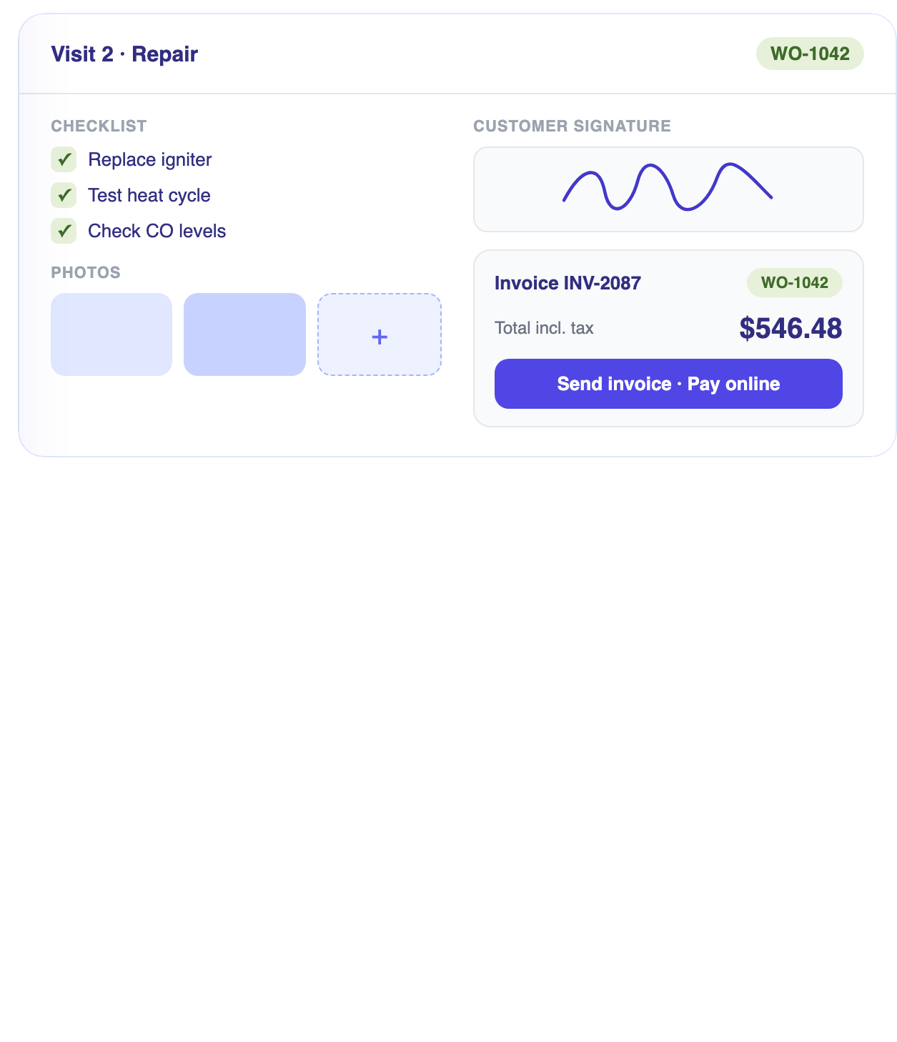 A visit checklist with customer signature and invoice