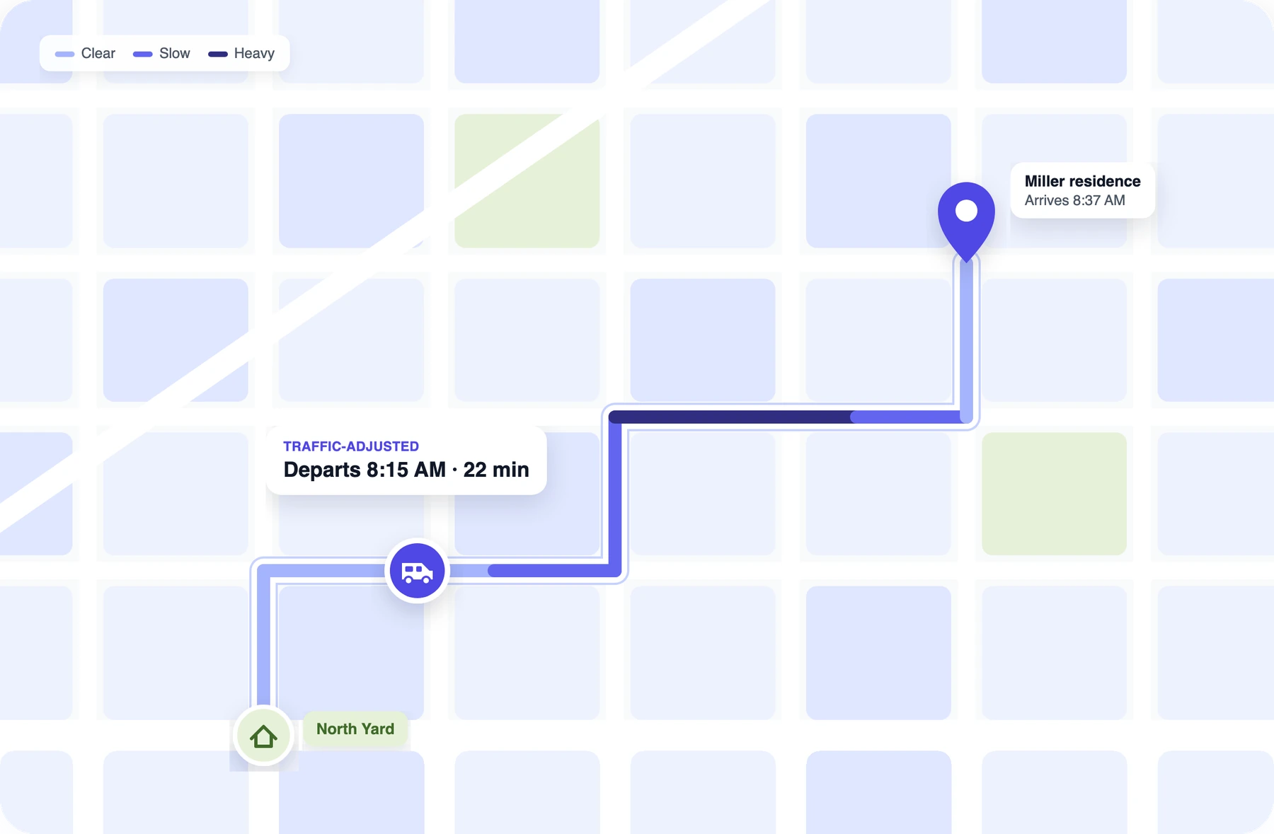 A traffic-adjusted route for a crew departing North Yard at 8:15 AM: a 22 minute drive to the Miller residence, arriving 8:37 AM, with clear, slow and heavy traffic sections marked.