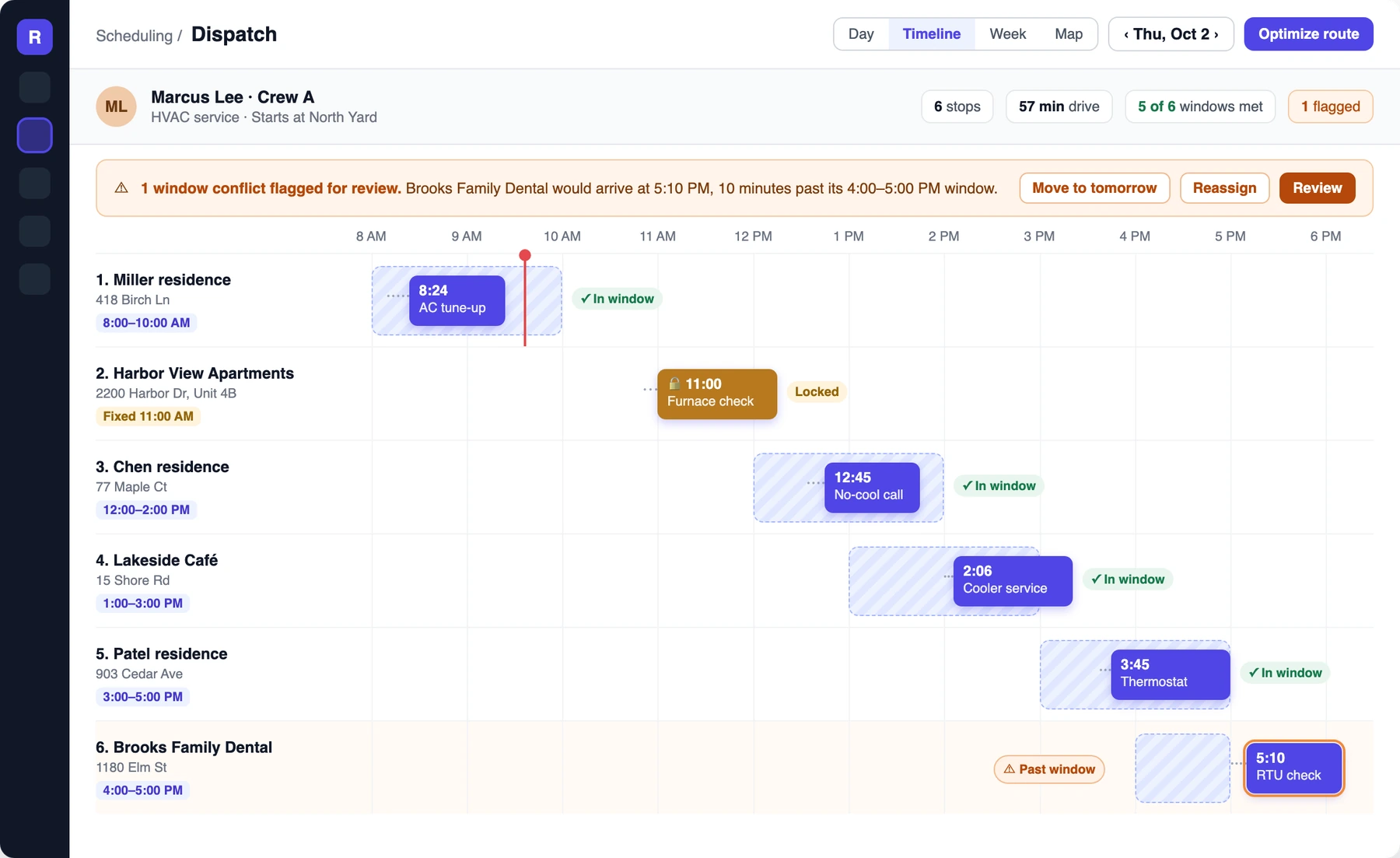The dispatch timeline for Crew A: each stop shown against its arrival window, one appointment locked in place, and one conflict flagged for review.