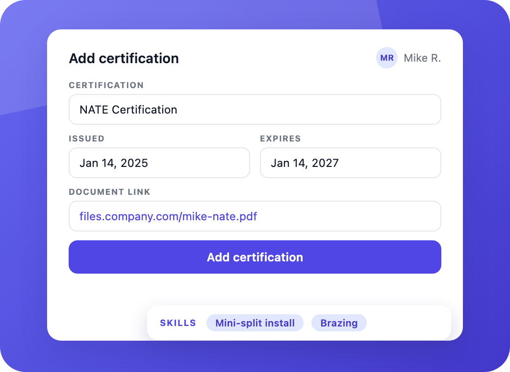 A technician credential record with issue and expiry dates and a linked proof document