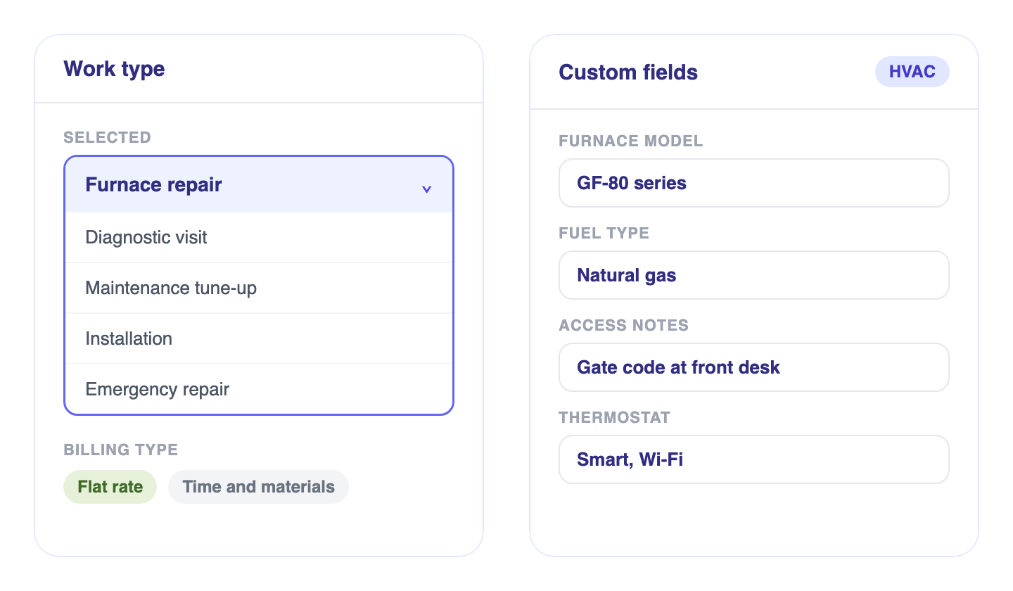 A work type list with a billing type, next to custom fields for an HVAC job
